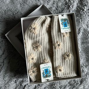 Portolano Flower Embroidered Embellished Wool Blend Beanie and Fingerless Gloves